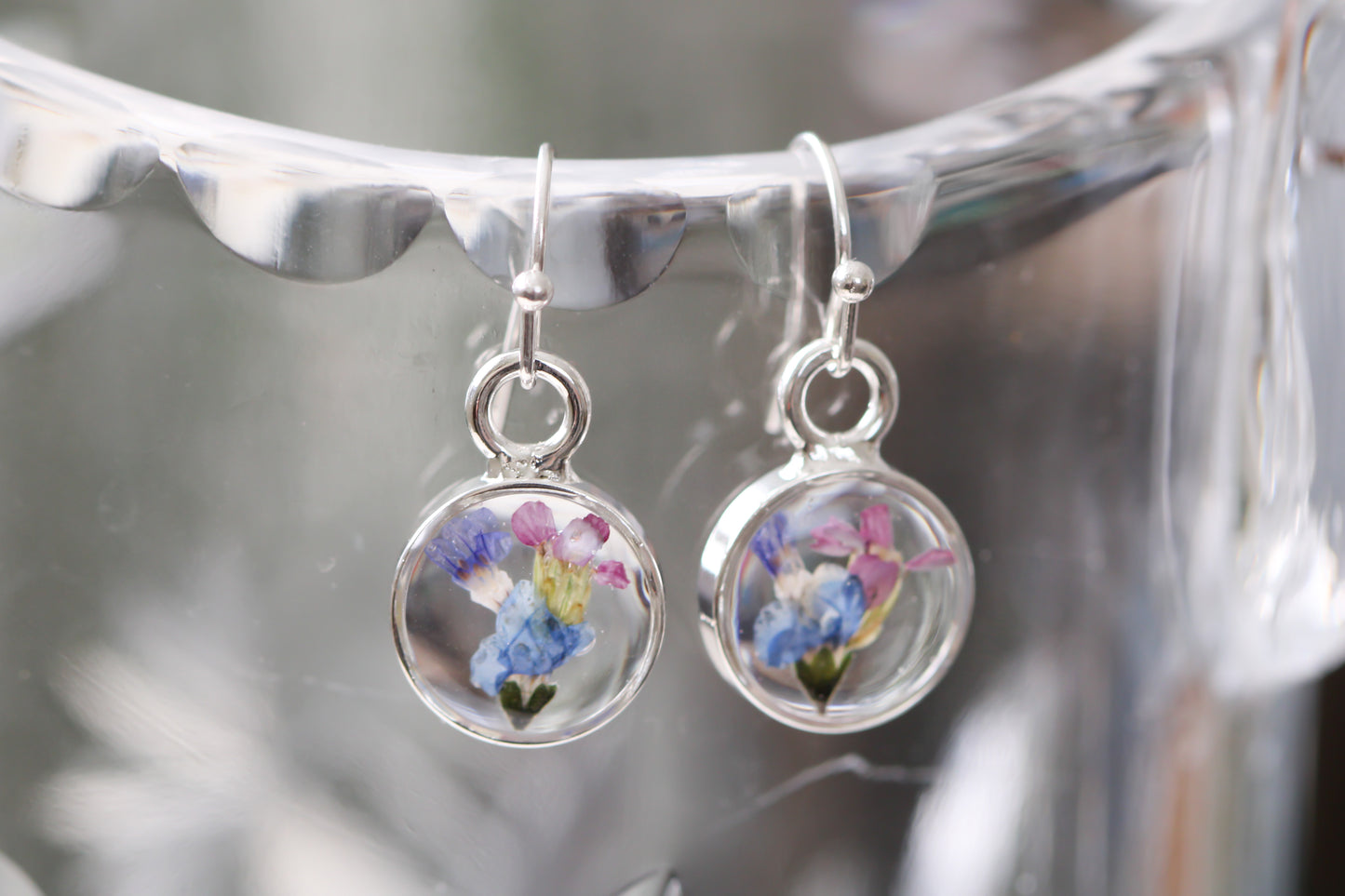 Silver Mini Circle Earrings with Flower Mix