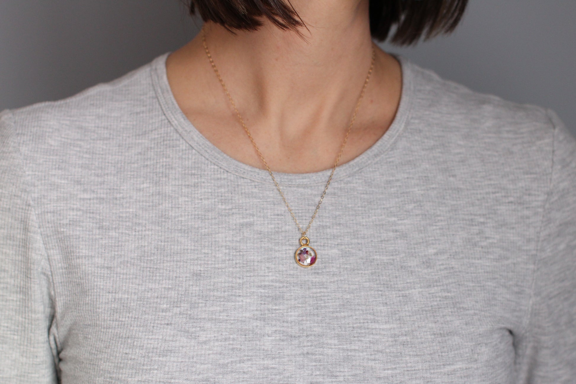 custom small handmade resin and dried flowers necklace in gold