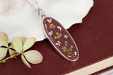 Burgundy and Silver Long Oval Pendant with Flowers