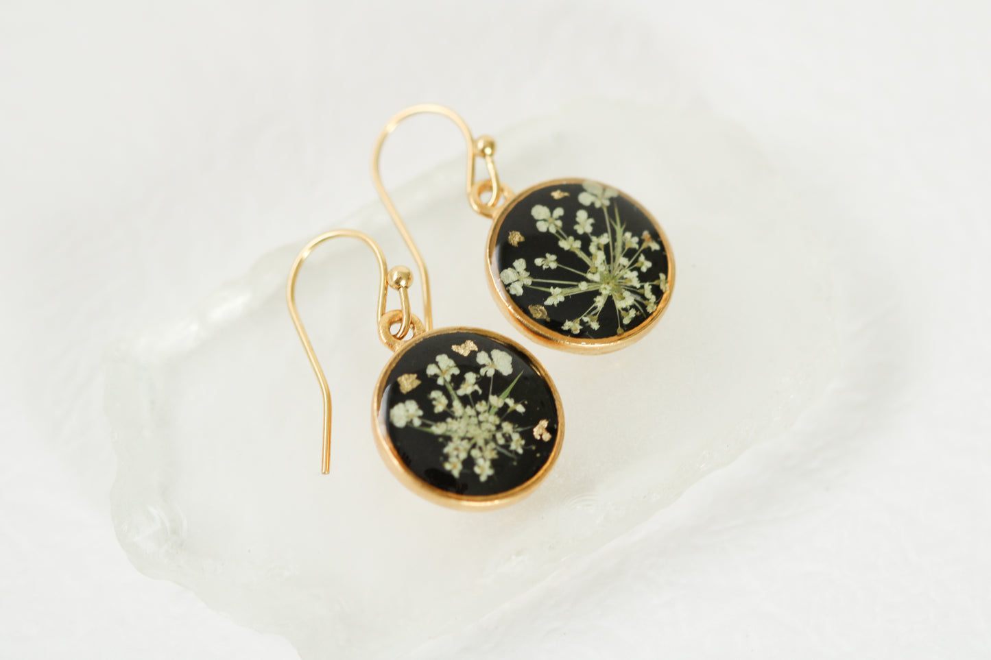 Real Queen Anne’s Lace Circle Earrings in Black and Gold - Handmade Resin and Flower Earrings