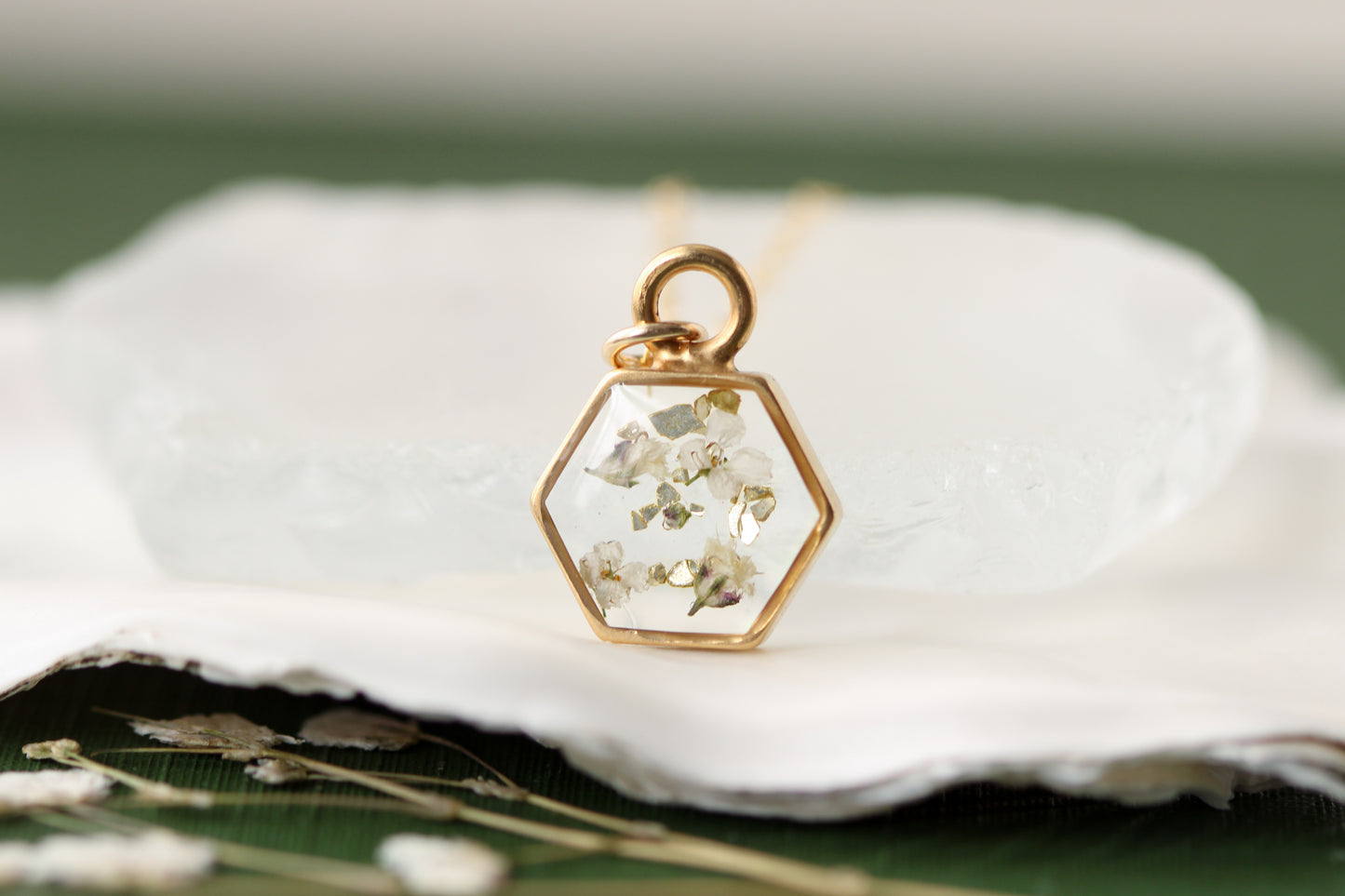 handmade resin and flower hexagon necklace in gold