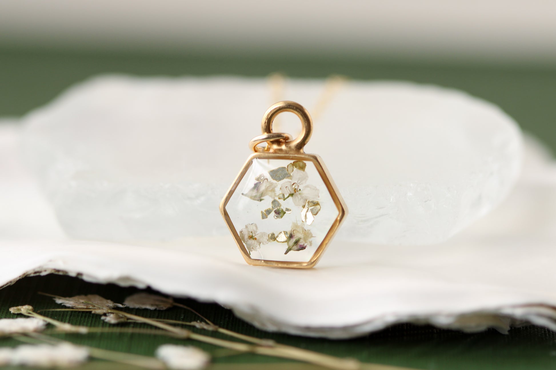 handmade resin and flower hexagon necklace in gold