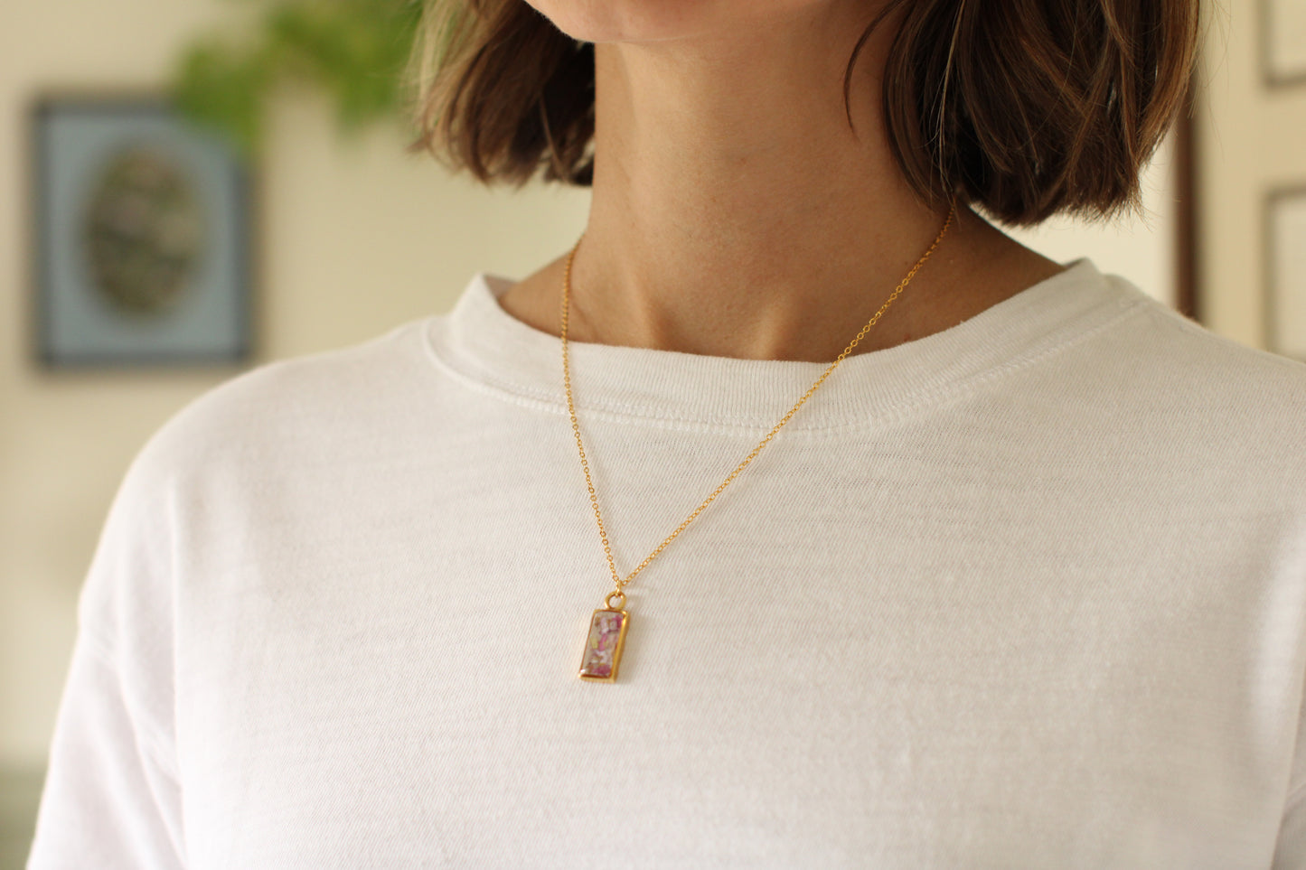 Gold Mini Rectangle Necklace with Pink and Purple Flowers | Handmade Resin Floral Necklace
