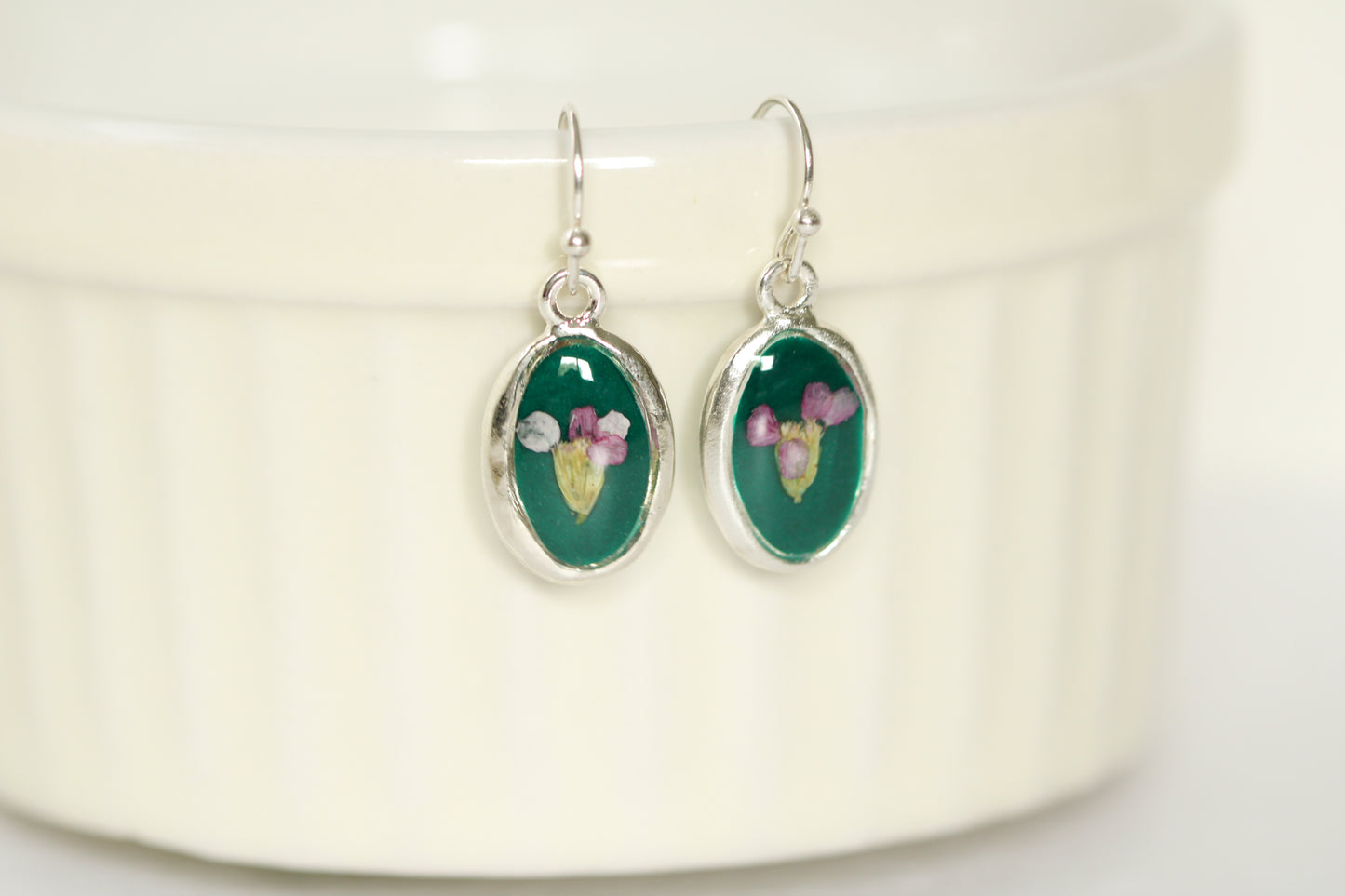 Green and Silver Oval Earrings with Purple Yarrow Flower | Handmade Resin and Flower Earrings