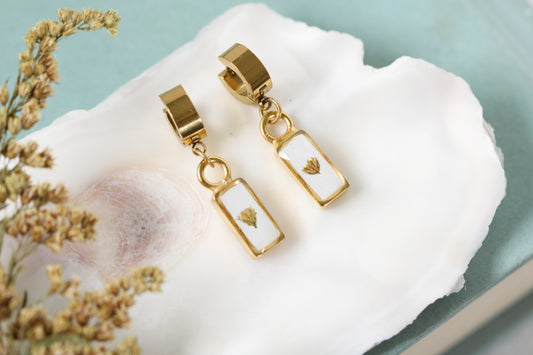 Gold and White Clutch Hoop Earrings with Tiny Flower | Handmade Resin and Flower Earrings