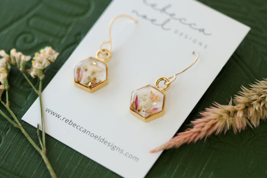 Gold Mini Hexagon Earrings with Pink Flowers