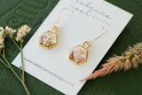 Hexagon Earrings with Pink Flowers in Gold