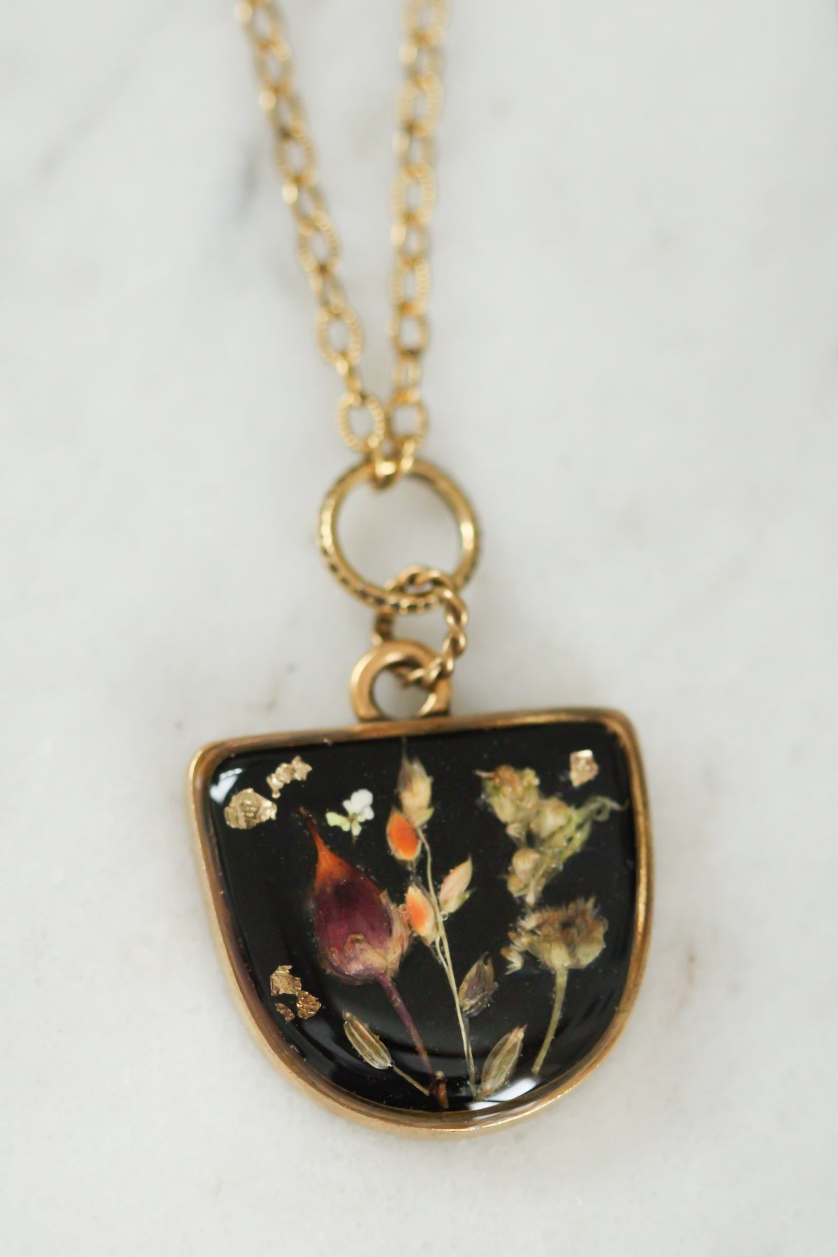 Black and Gold Harvest Botanicals Necklace | Handmade Clay and Resin Jewelry with Real Flowers