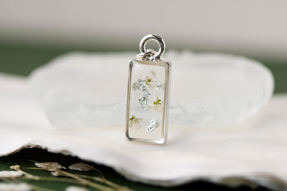 Silver Mini Rectangle Necklace with White Flowers