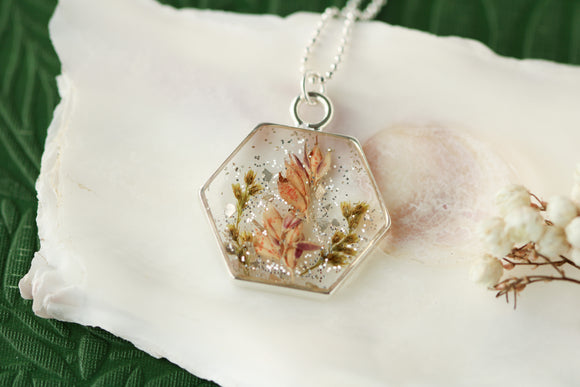 Sparkly Flowers in Resin Hexagon Necklace in Silver