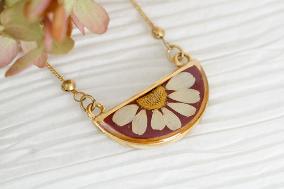 Burgundy and Gold Flower Half Moon Necklace