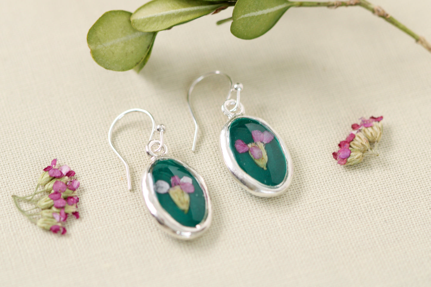 Green and Silver Oval Earrings with Purple Yarrow Flower | Handmade Resin and Flower Earrings