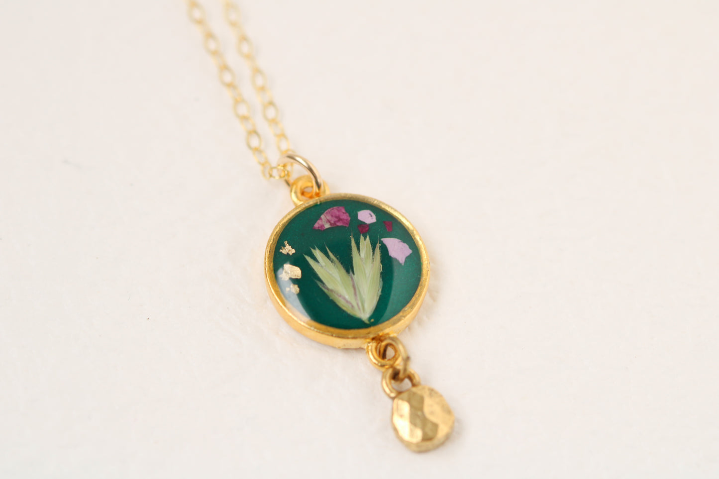 Dark Green and Gold Botanical Necklace with Dangle