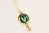 Dark Green and Gold Botanical Necklace with Dangle