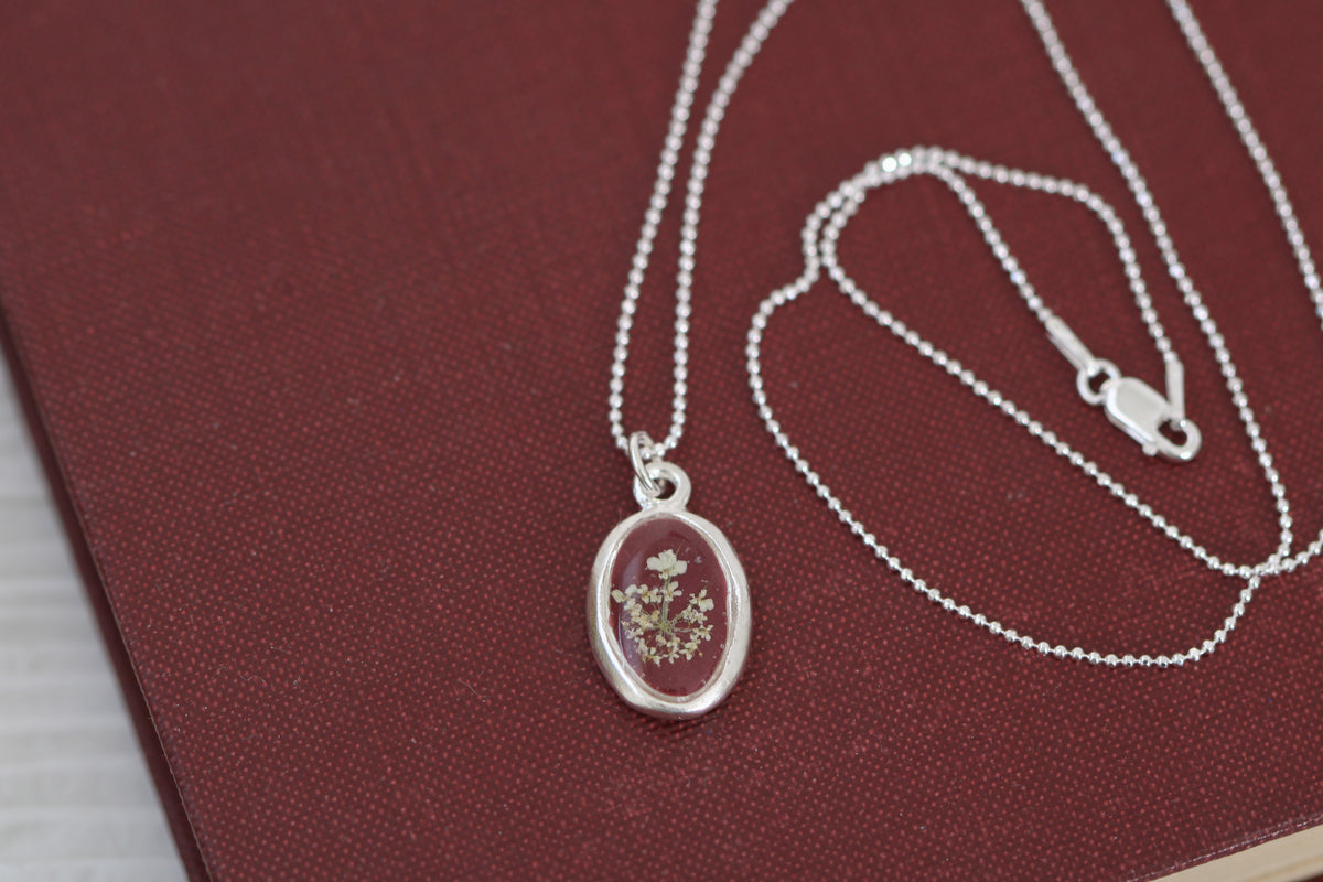 Burgundy Queen Anne’s Lace Tiny Oval Necklace in Silver- Real Flowers in Resin Handmade Necklace