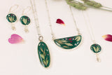 Dark Green Half Moon Botanical Necklace in Silver