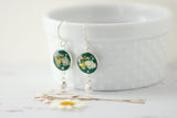 Silver and Dark Green Circle Dangle Earrings with Yellow Flowers