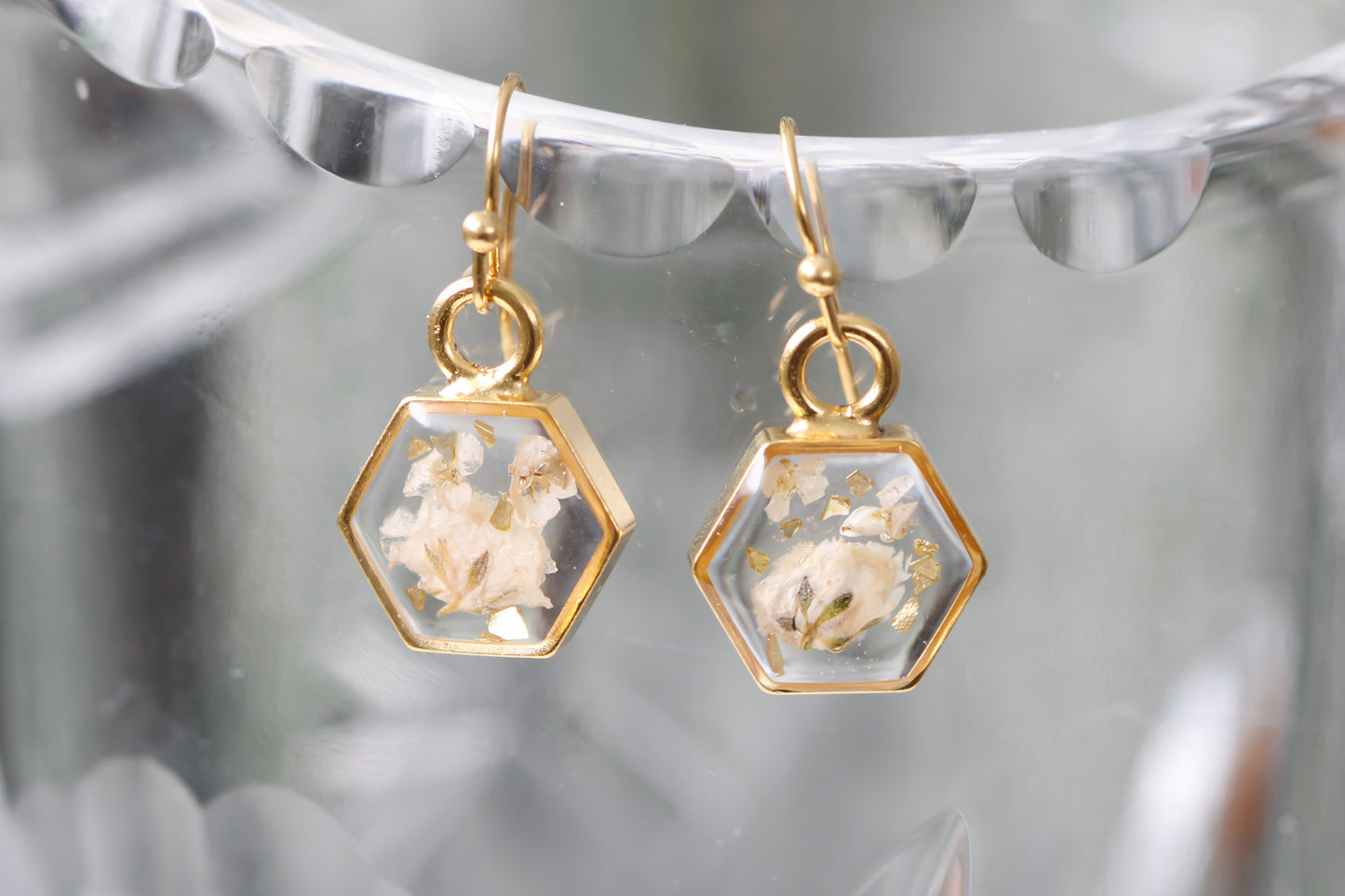 Gold Mini Hexagon Earrings with White Flowers