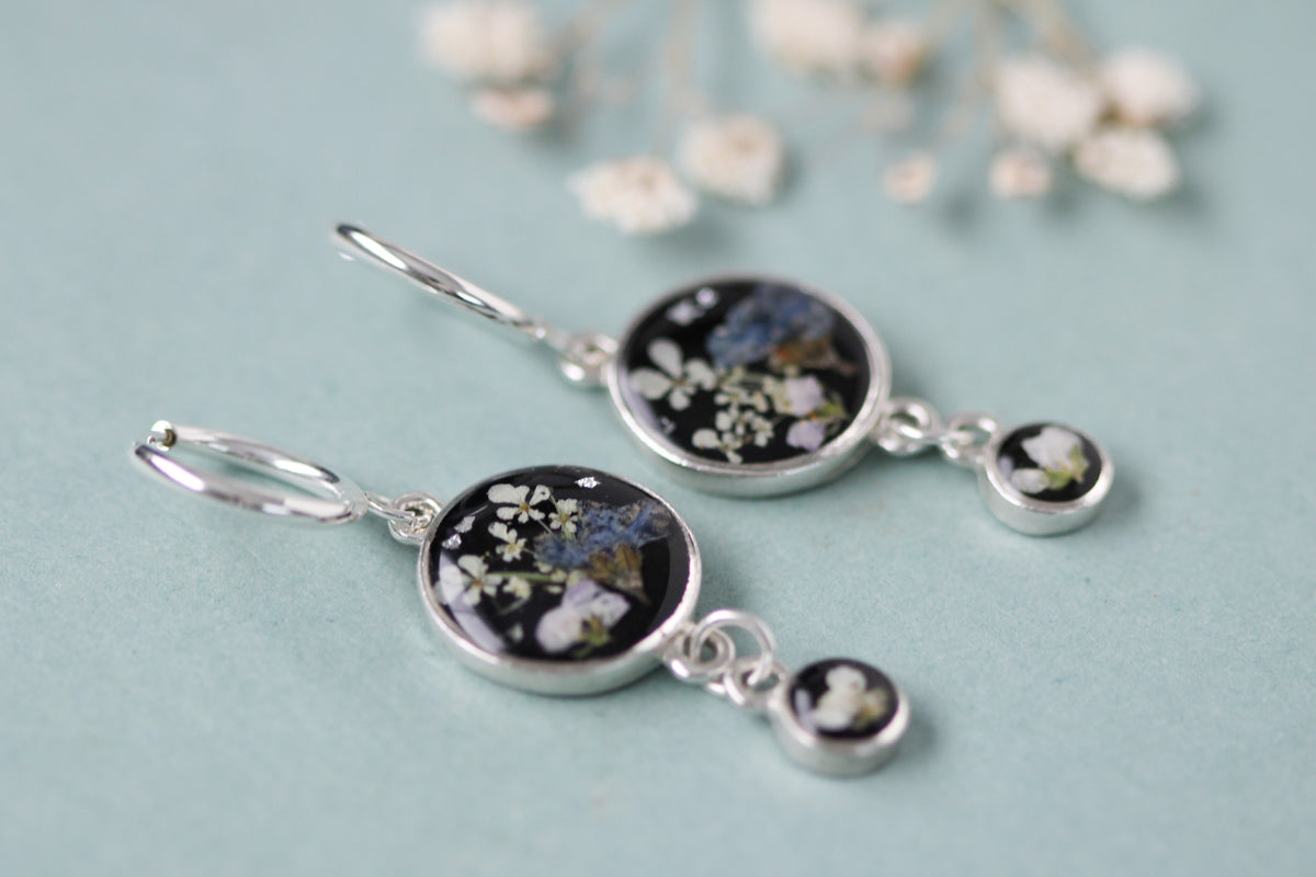 Black and Silver Floral Drop Earrings | Handmade Resin and Flower Earrings