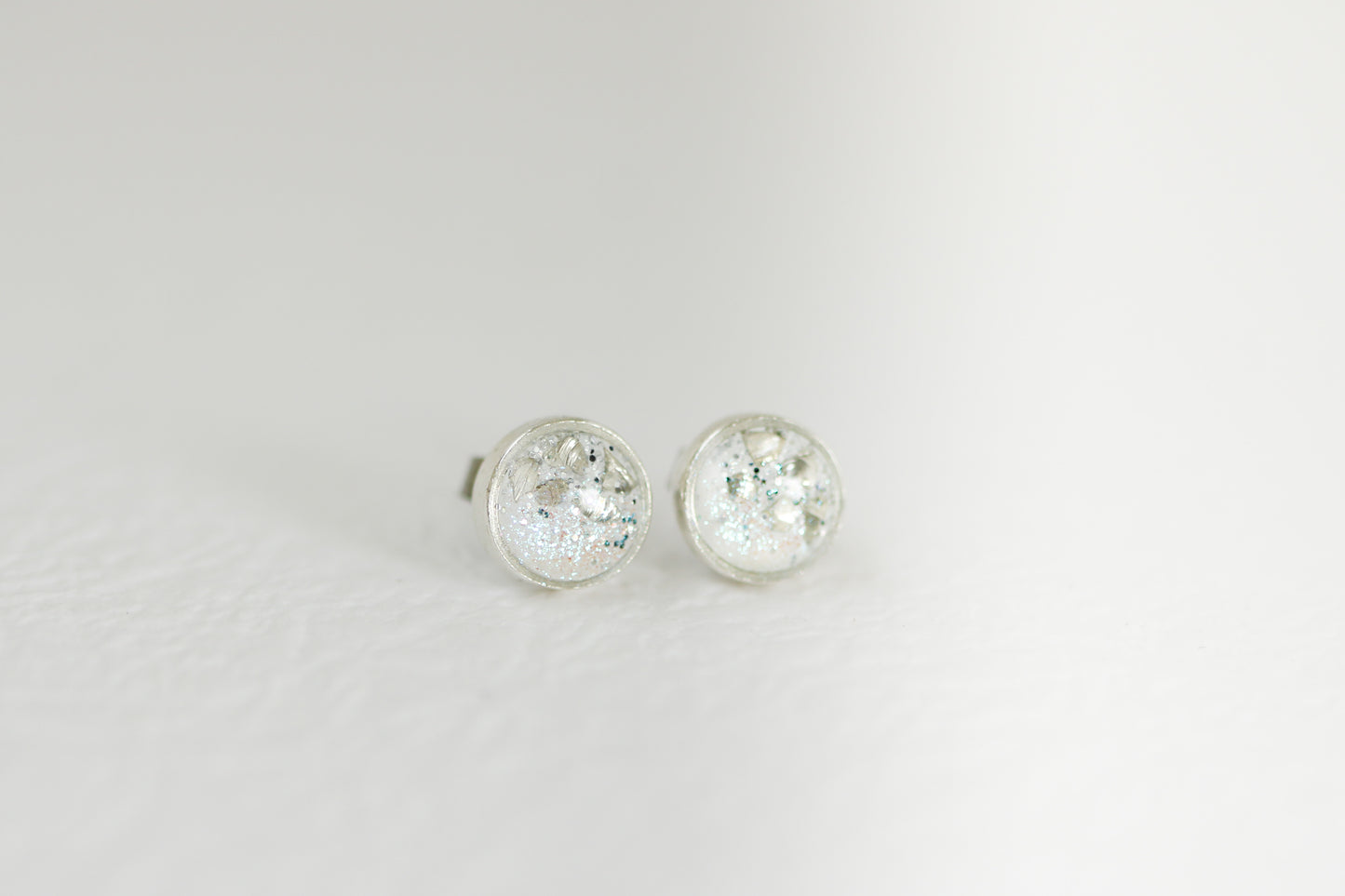 Silver and White Shimmer Stud Earrings