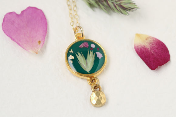 Dark Green and Gold Botanical Necklace with Dangle