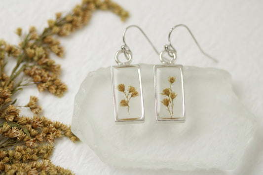 Silver Rectangle Earrings with Flowers | Handmade Resin Earrings with Solidago