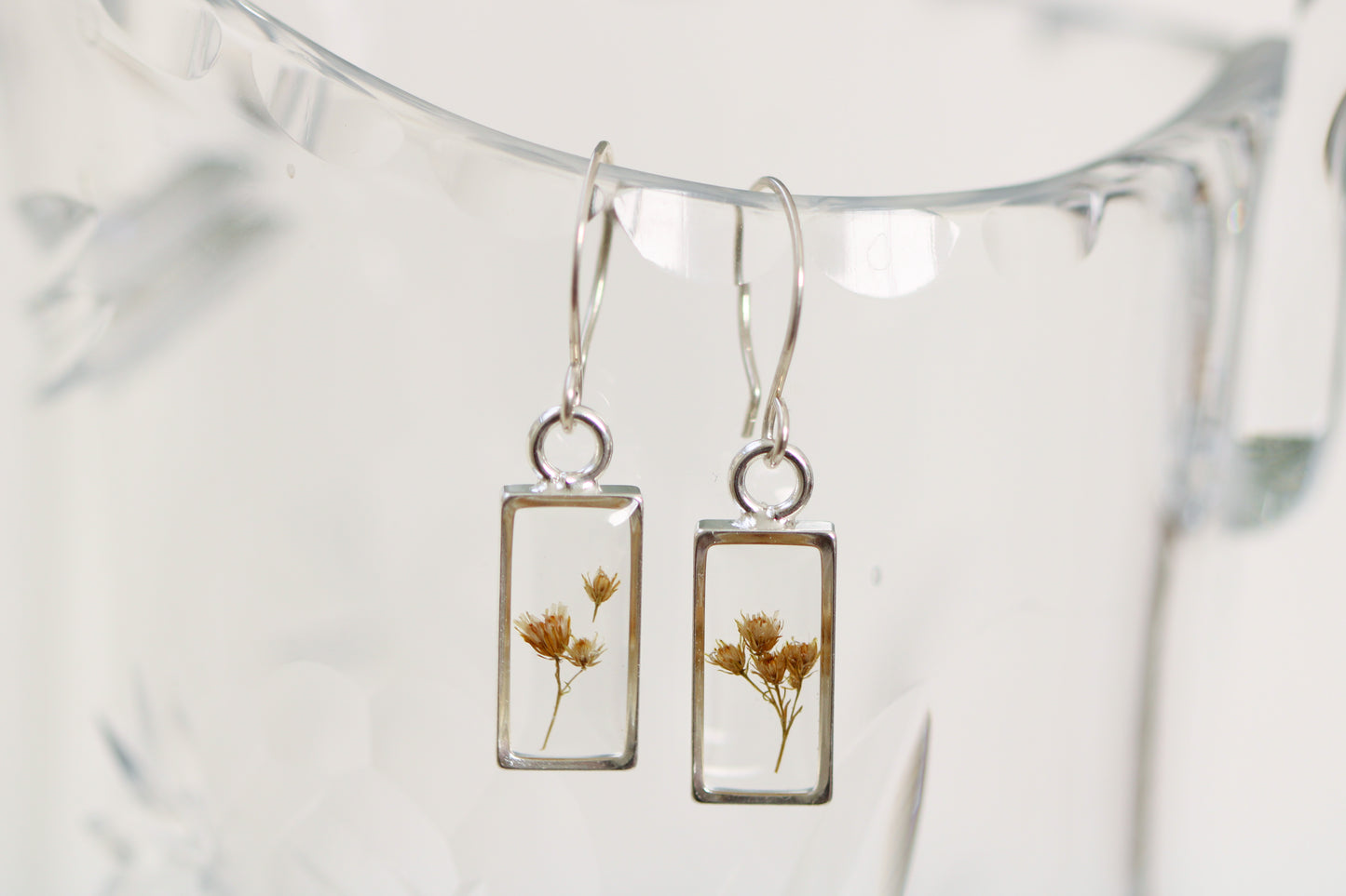 Silver Rectangle Earrings with Flowers | Handmade Resin Earrings with Solidago
