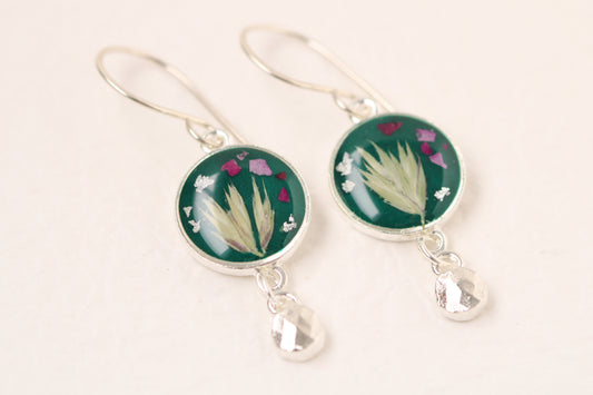 Dark Green and Silver Botanical Earrings with Dangle