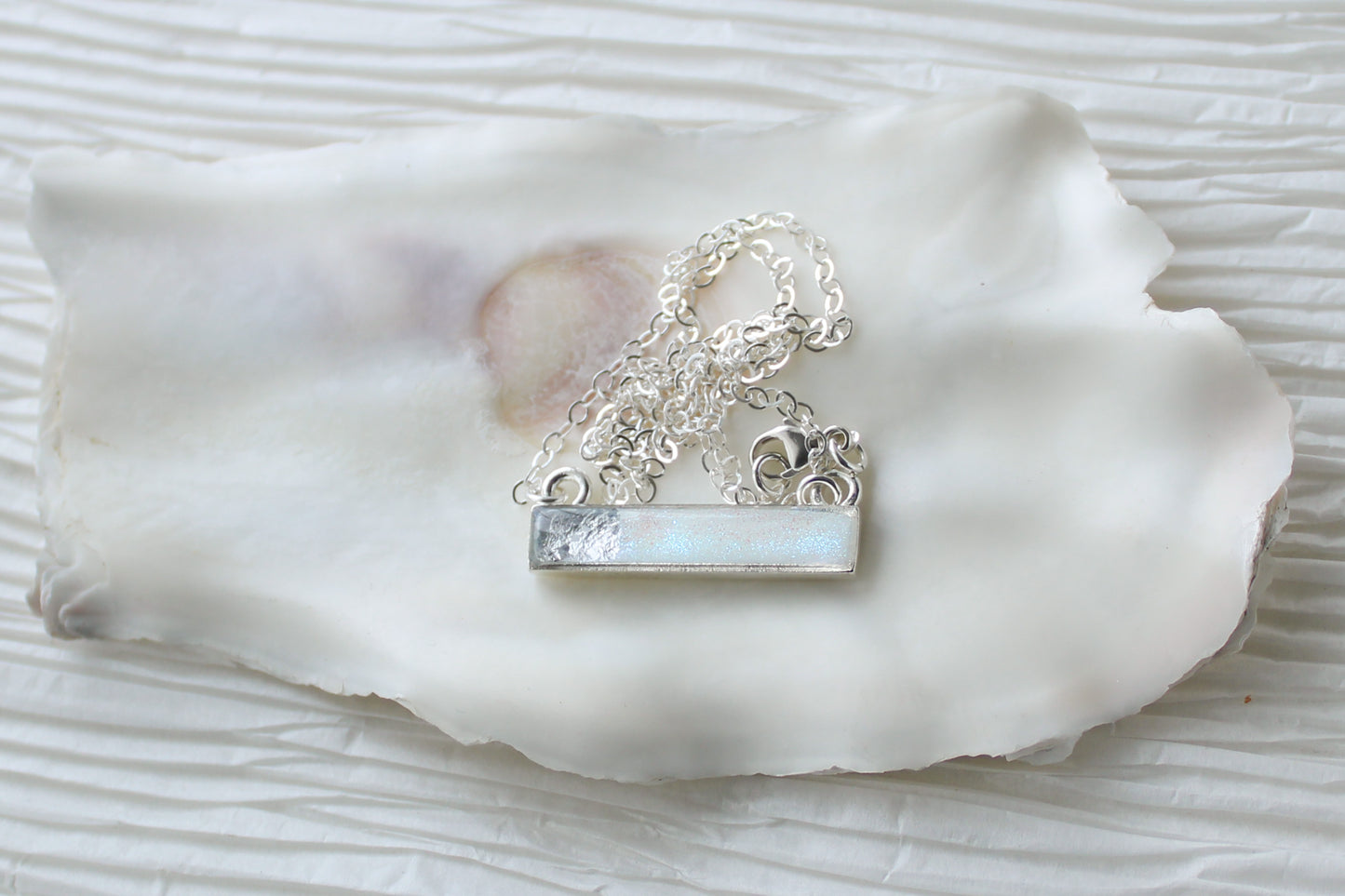 Silver and White Iridescent Bar Necklace