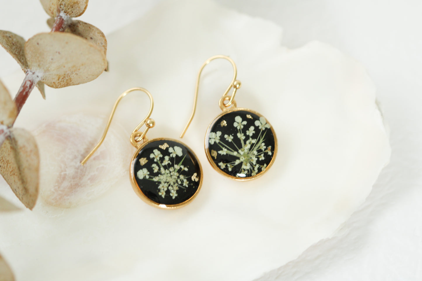 Real Queen Anne’s Lace Circle Earrings in Black and Gold - Handmade Resin and Flower Earrings