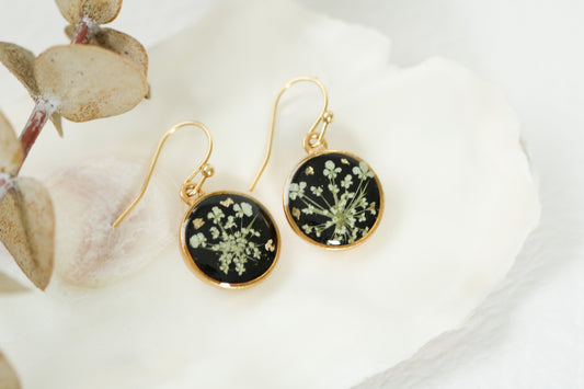 Real Queen Anne’s Lace Circle Earrings in Black and Gold - Handmade Resin and Flower Earrings