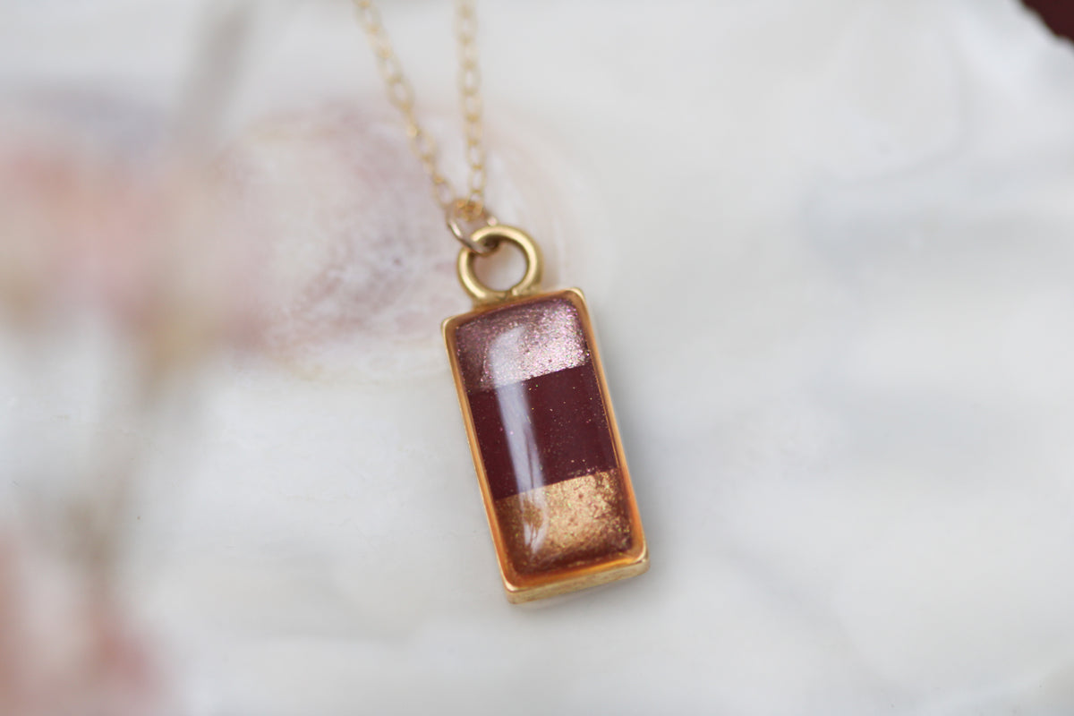 Burgundy and Gold Sunset Shimmer Necklace | Handmade Resin Rectangle Necklace