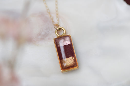 Burgundy and Gold Sunset Shimmer Necklace | Handmade Resin Rectangle Necklace