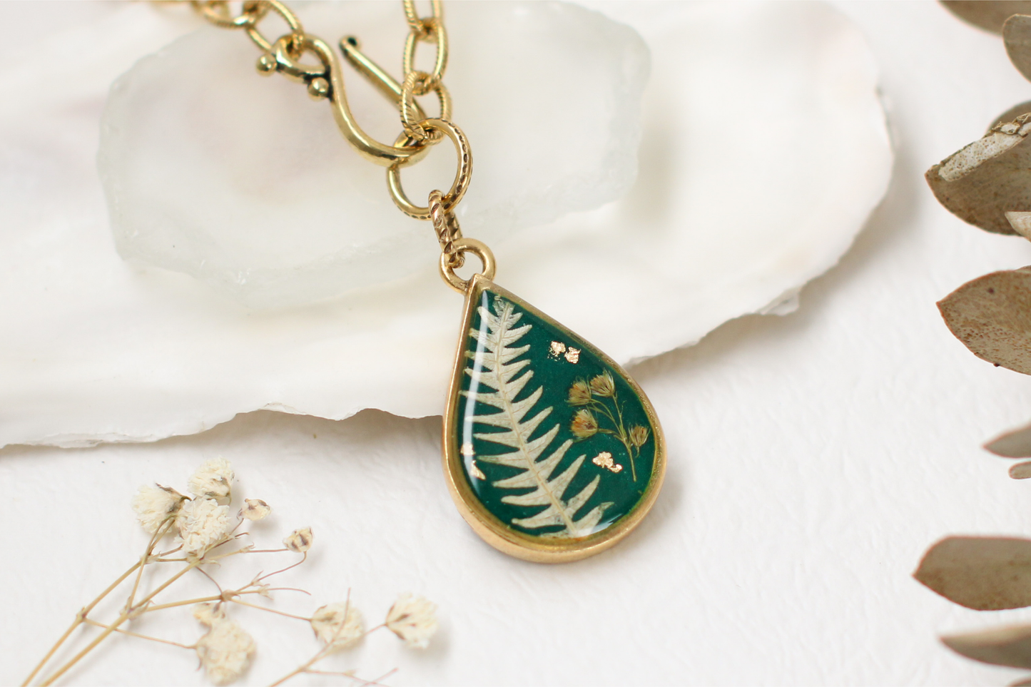 Green and Gold Chunky Chain Teardrop Botanical Necklace | Handmade Resin and Flower Necklace