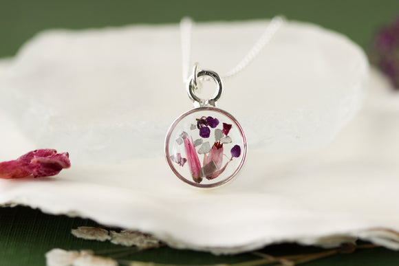 Pink Flower Mix Mini Charm Necklace in Silver