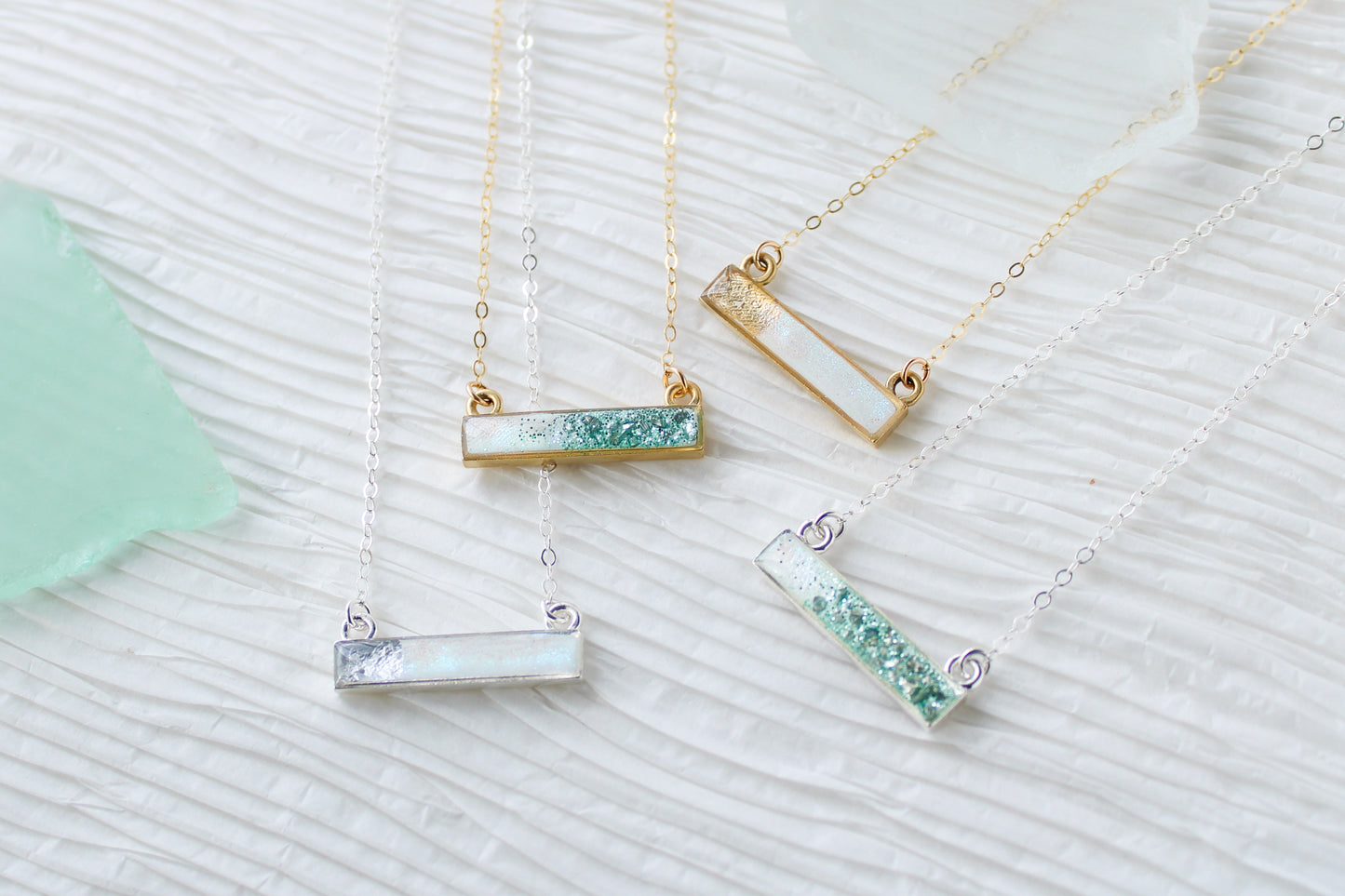 Silver and White Iridescent Bar Necklace