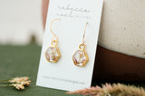 Hexagon Earrings with Pink Flowers in Gold