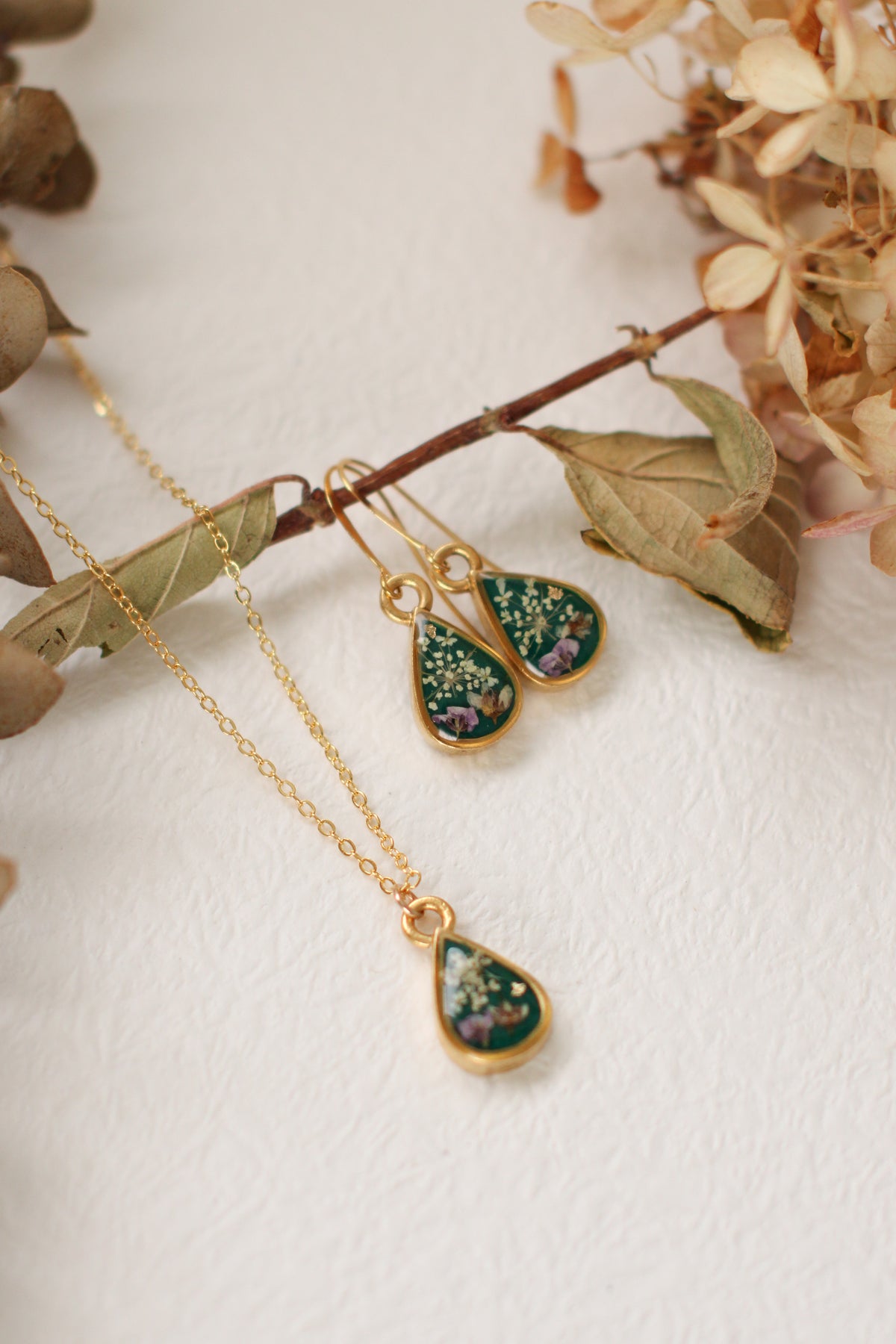 Gold and Dark Green Teardrop Earrings with Flowers
