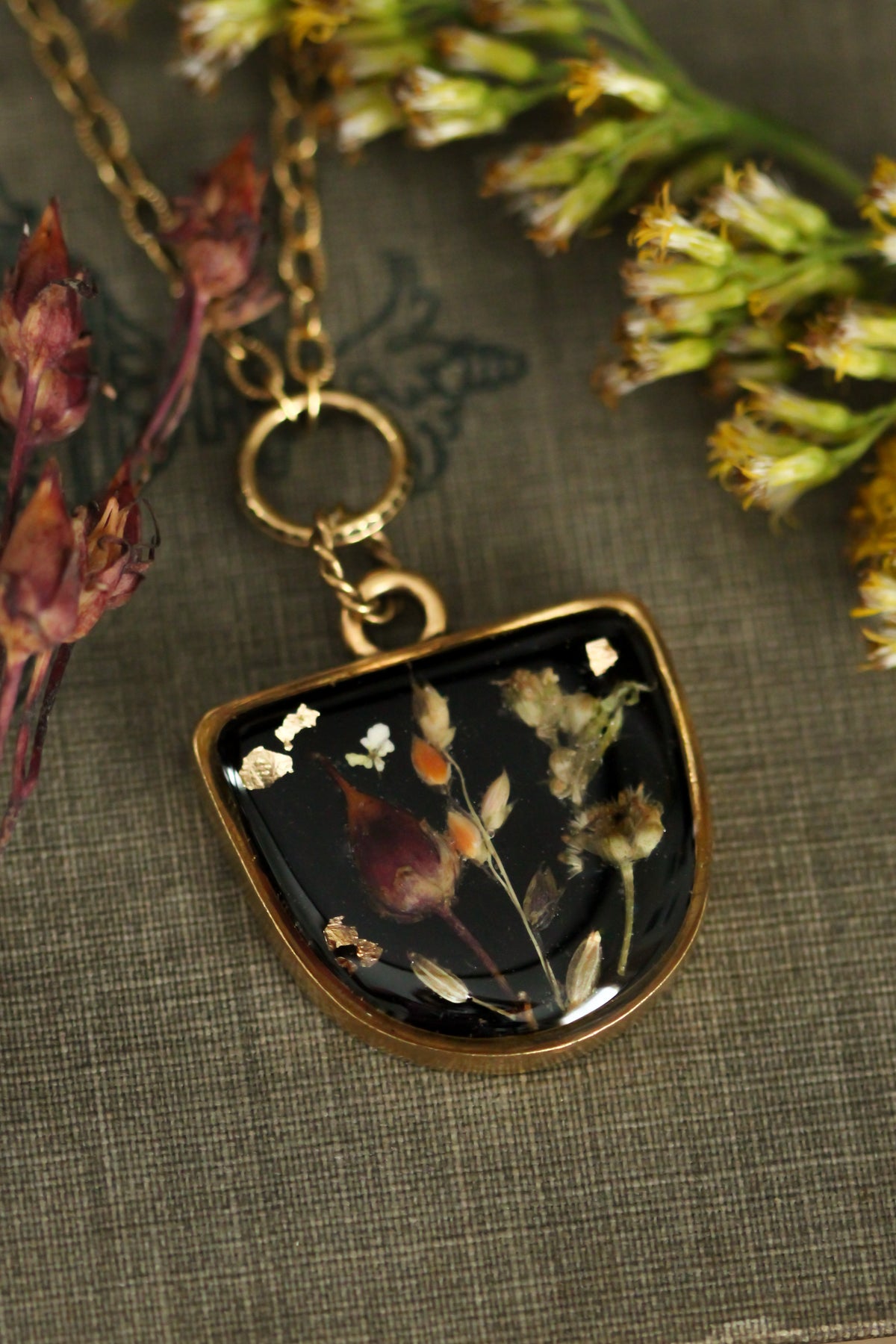 Black and Gold Harvest Botanicals Necklace | Handmade Clay and Resin Jewelry with Real Flowers