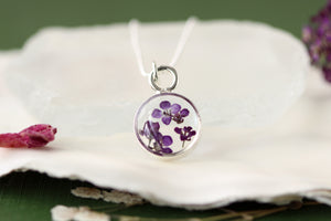 Tiny Purple Flowers Mini Circle Necklace in Silver