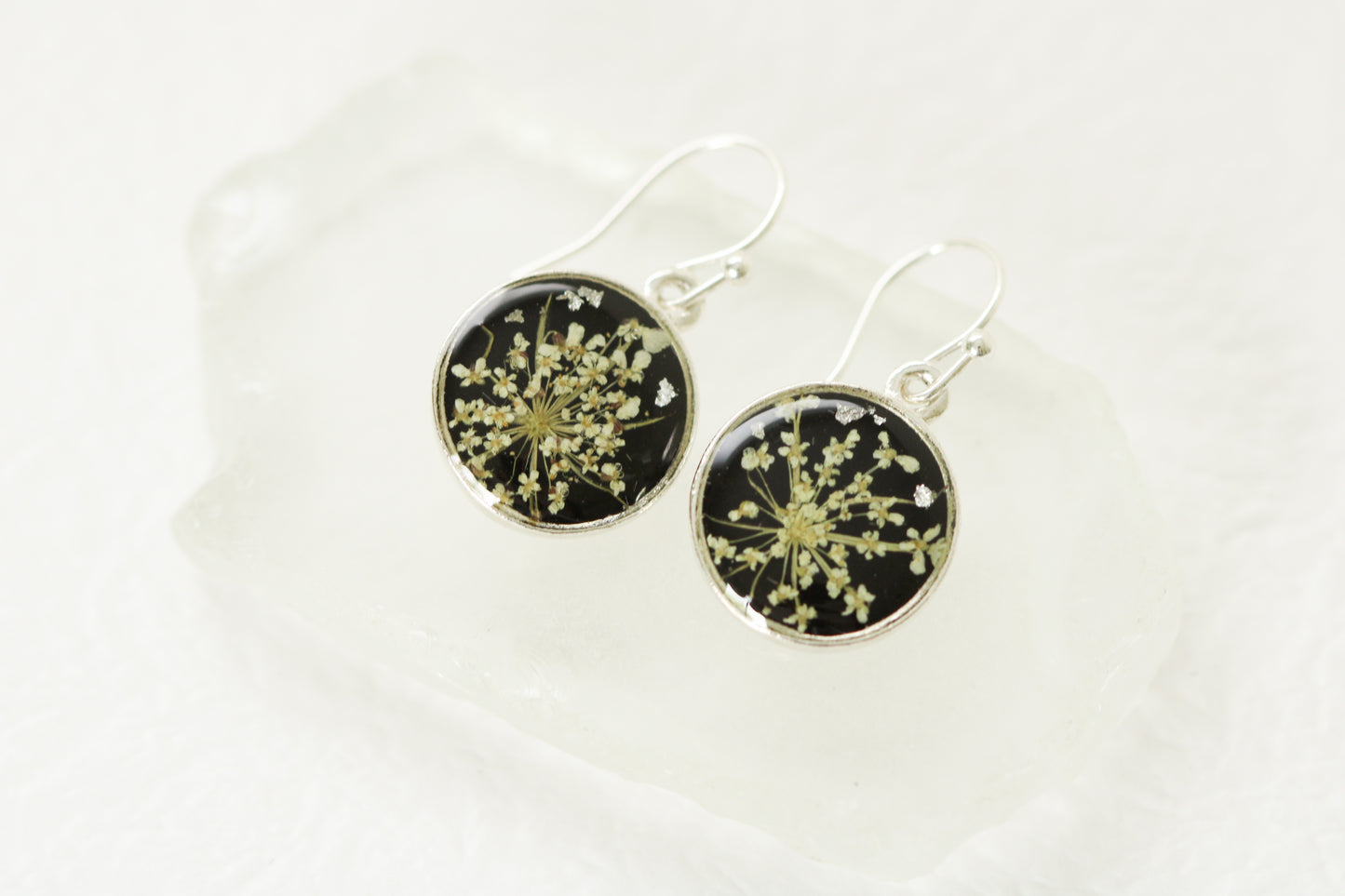 Real Queen Anne’s Lace Circle Earrings in Black and Silver - Handmade Resin and Flower Earrings