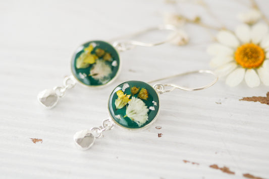 Silver and Dark Green Circle Dangle Earrings with Yellow Flowers