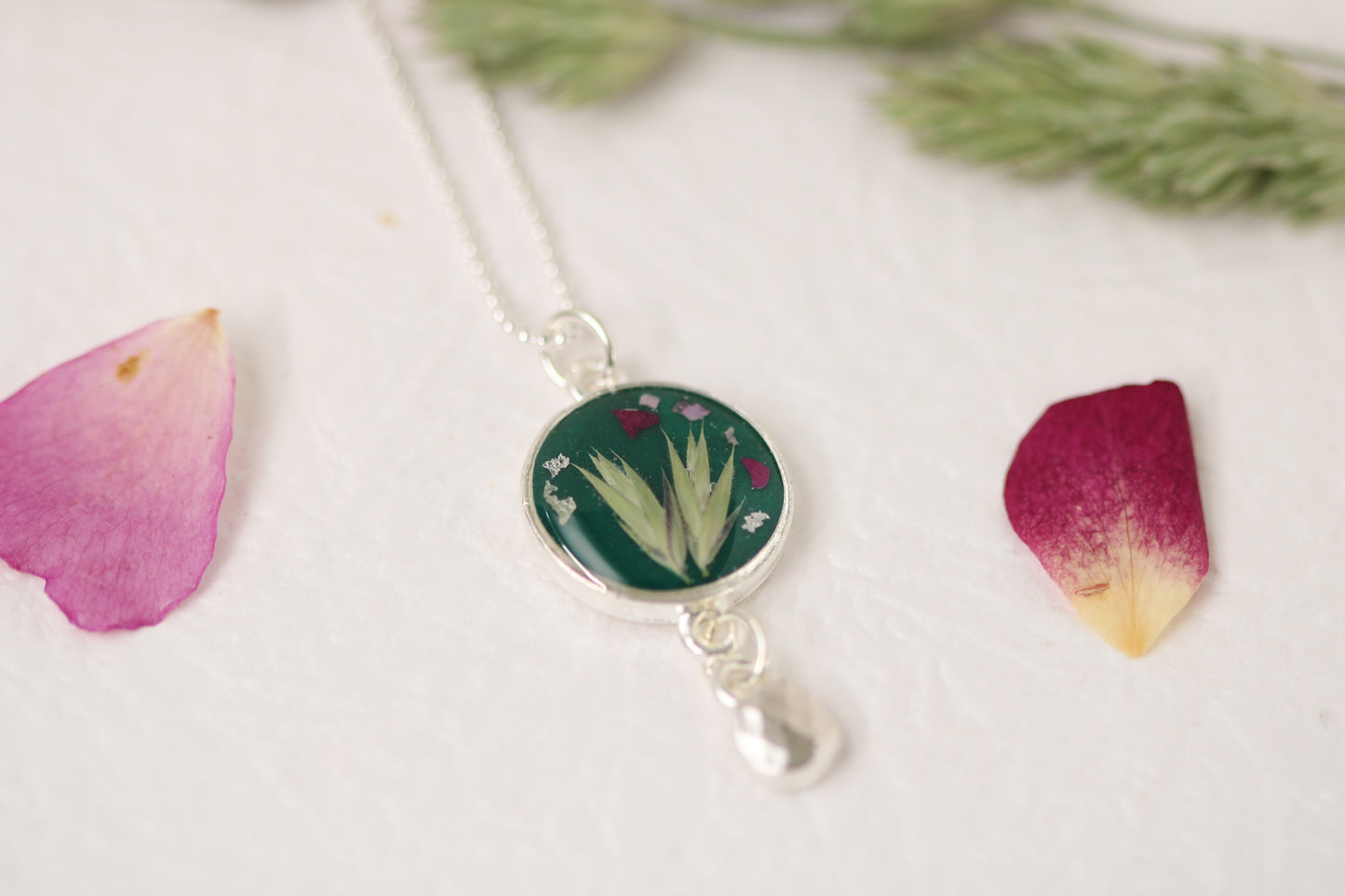 Dark Green and Silver Botanical Necklace with Dangle