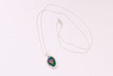 Green and Silver Oval Necklace with Purple Yarrow Flower | Handmade Resin and Flower Necklace