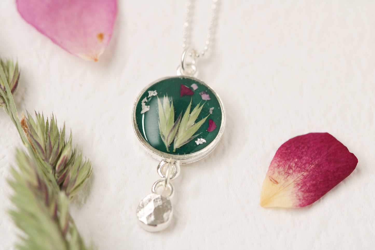 Dark Green and Silver Botanical Necklace with Dangle