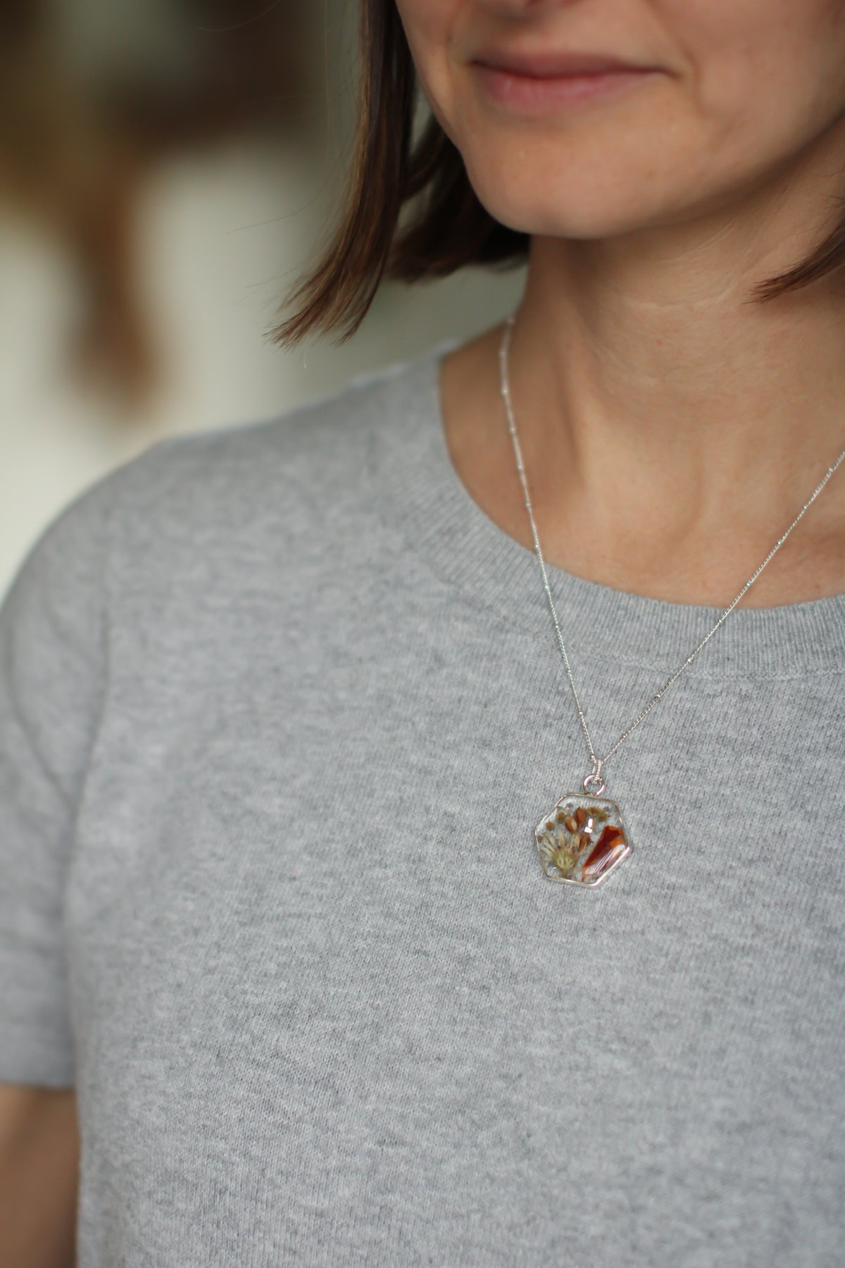 Silver Hexagon Necklace with Marigold and Flowers