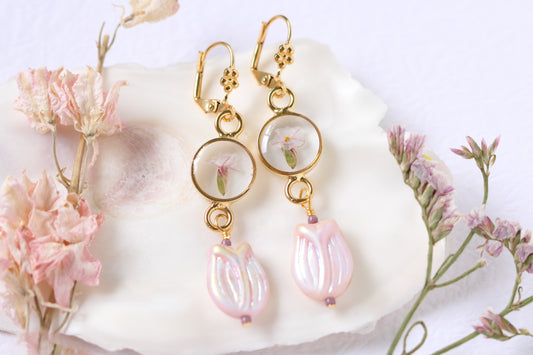 long dangle gold earrings with dried flower and purple tulip bead