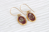Burgundy Gold Oval Earrings with Flowers