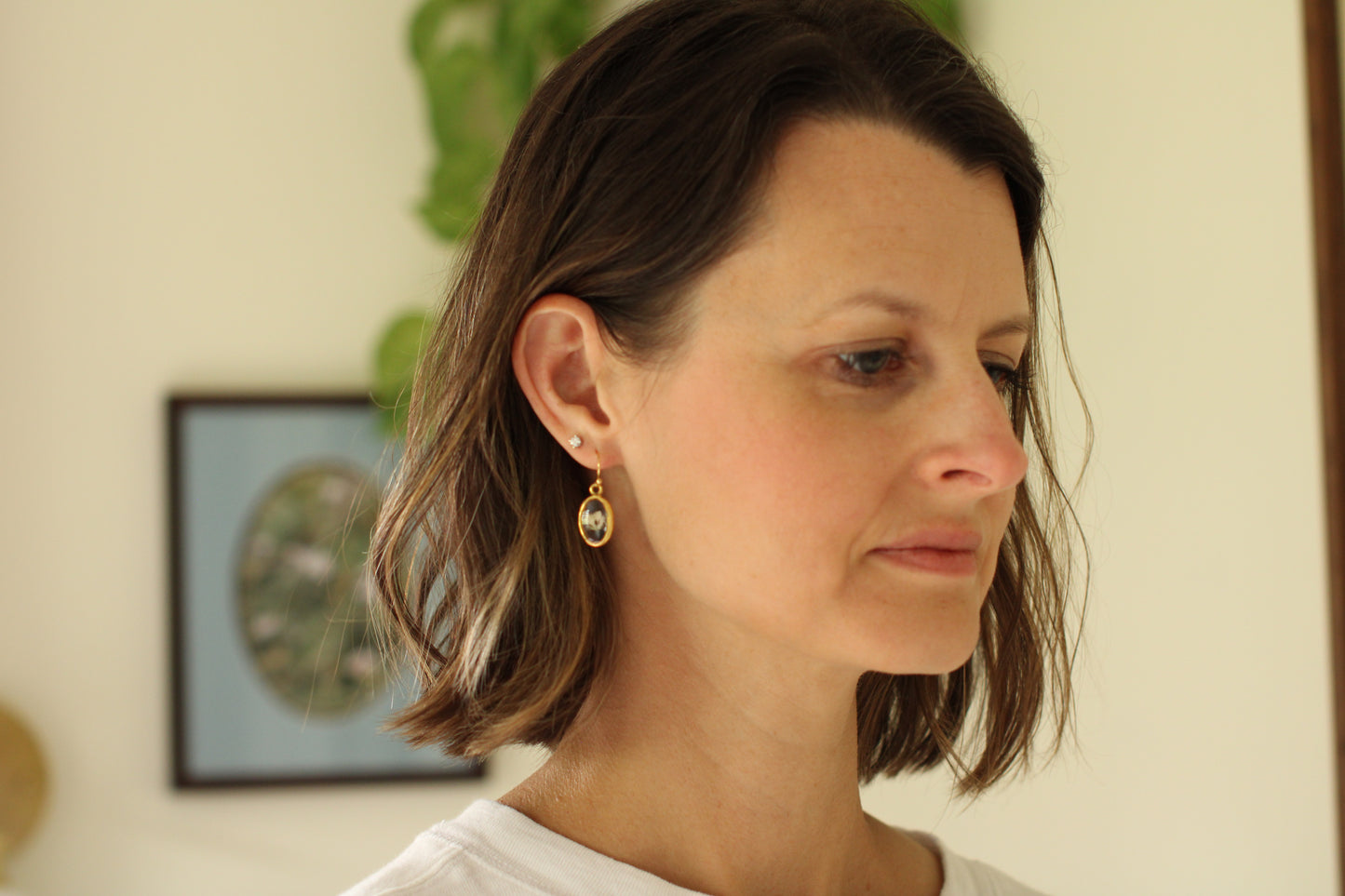 Gold Mini Oval Floral Earrings | Handmade Resin and Baby’s Breath Earrings