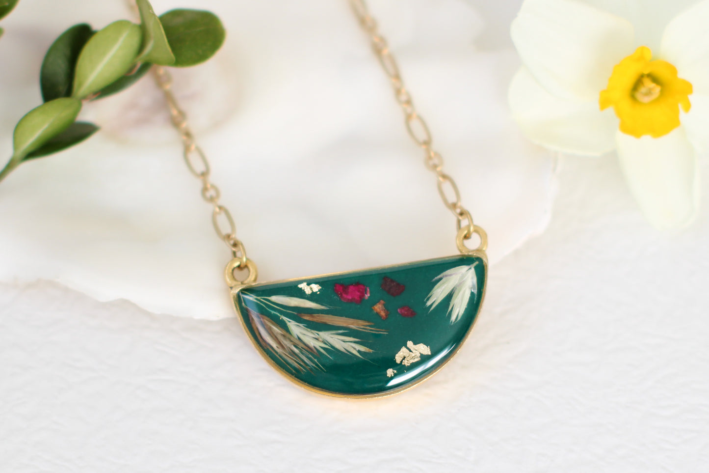 Dark Green Half Moon Botanical Necklace